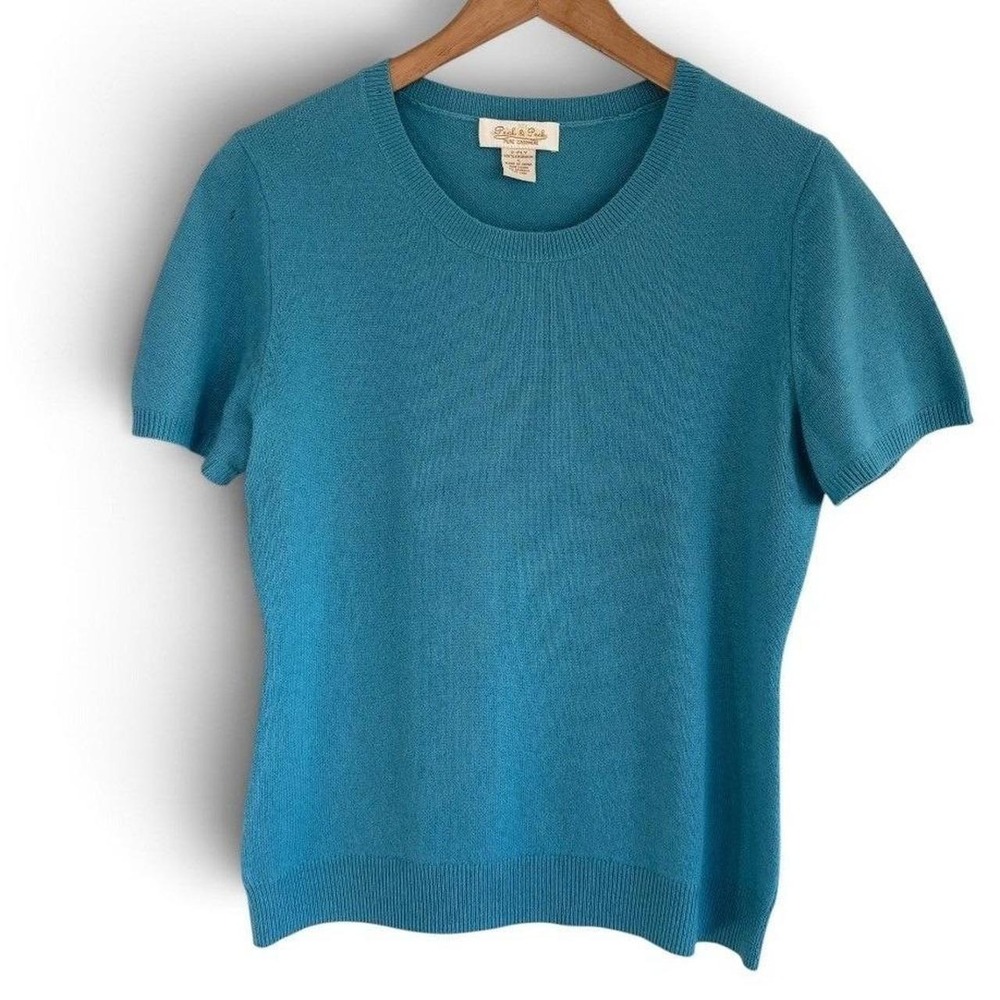 Vintage Peck and Peck Pure Cashmere Short Sleeve Knit Crewneck Sweater Teal M